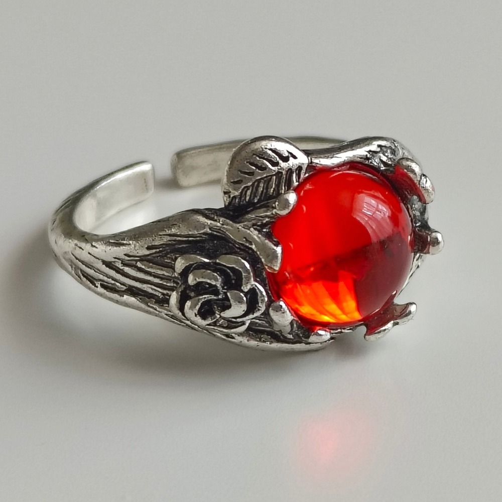 Goth Sterling Silver Red Stone Rose Leaf Adjustable Ring Statement 925 Size 7